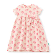 "Baby Girls Pink Strawberry Print Cotton Dress with Bow – Short Sleeve"