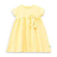 "Baby Girls Yellow Striped Cotton Dress with Bow – Short Sleeve Casual Wear"