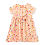 "Baby Girls Pink Printed Cotton Dress with Bow – Colorful Heart Pattern, Short Sleeve"
