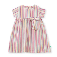 "Baby Girls Multicolor Striped Cotton Dress with Bow – Short Sleeve Casual Wear"
