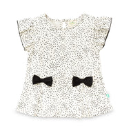 "Girls' Polka Dot Top with Ruffle Sleeves and Black Bow Accents – White & Black"