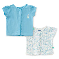 "Baby Girls' Blue Cotton Front-Open Jhabla – Pack of 2 (Bunny Embroidery & Floral Print)"