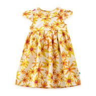 "Baby Girls Floral Printed Cotton Dress – Yellow & Orange Daisy Pattern"