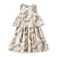 "Girls Sleeveless Layered Frock with Leaf Print – Beige & Brown"