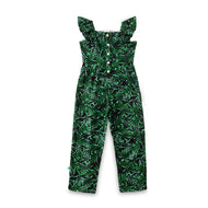 "Girls Sleeveless Ruffle Strap Jumpsuit with Leaf Print – Green & Black"