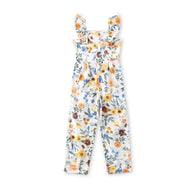 "Girls Sleeveless Ruffle Strap Jumpsuit with Floral Print – White Multicolor"