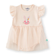 "Baby Girls Peach Striped Bunny Appliqué Bodysuit Dress with Tulle Skirt