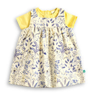 "Baby Girls Cotton Printed Pinafore Dress with Yellow Inner Tee – Cream & Blue Floral”