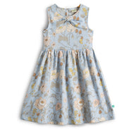 “Girls Sleeveless Cotton Floral Frock with Bow Detail – Sky Blue”