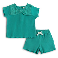 “Baby Girls Cotton Co-ord Set with Lace Bow Detail Top & Shorts – Teal Green”