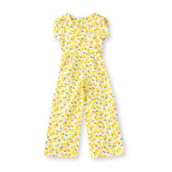 “Girls Cotton Half Sleeve Jumpsuit with Allover Lemon Print – White & Yellow”
