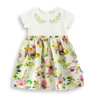 "Baby Girls Floral Print Party Frock with Embroidered Bodice – White & Multicolor"