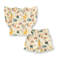 “Baby Girls Cotton Co-ord Set with Ruffle Sleeve Top & Shorts – Multicolor Animal Print”