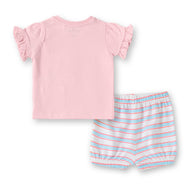 "Baby Girls Cotton Bunny Print Pink T-shirt & Striped Shorts Set"