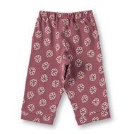 “Baby Girls Mauve Knit Cotton Pants with All-Over White Flowers”