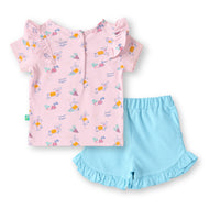 "Baby Girls Pink Bunny Print Top with Blue Ruffle Shorts Set"