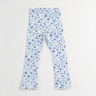"Girls White & Blue Ribbed Flower Print Stretch Leggings"