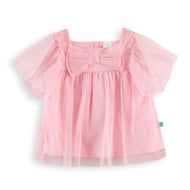 "Girls' Pink Tulle Top with Bow Detail and Puff Sleeves – Soft, Stylish, and Comfortable"