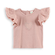 "Baby Girls' Pink Heart Design Top with Pom-Pom Ruffle Sleeves"
