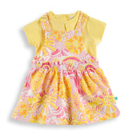 "Girls Sunshine Print Pinafore Dress with Matching Yellow T-Shirt – Comfortable Cotton Set"