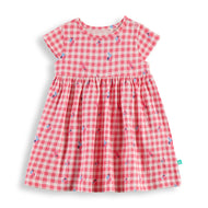 "Baby Girls Pink Checkered Cotton Dress with Tiny Floral Print – Soft, Lightweight & Comfortable Wear"
