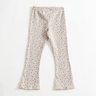 "Girls Off White Ribbed Bell Bottom Leggings with Floral Print"