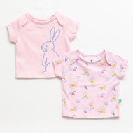 "Baby Girls' Pink T-Shirts – Pack of 2 | Bunny & Veggie Print | 100% Cotton"