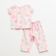 "Girls Pink Floral Print Nightwear Set – Soft Ribbed Cotton Top & Pajama"