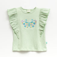 "Girls Mint Green Frill Sleeve Top – Butterfly Embroidery | Soft Crinkled Cotton Tee"