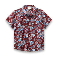 "Boys' Short Sleeve Tropical Print Button-Up Shirt – Maroon & Blue Floral Pattern"