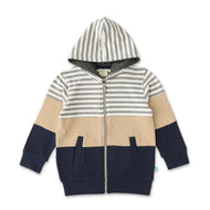 Boys Striped Colorblock Zip-Up Hoodie – Beige, Navy & Gray