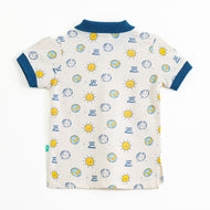 Boys Cream Space Print Cotton Polo T-Shirt with Blue Collar"