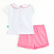 JusCubs Girls White Embroidered Collar Top with Pink Shorts Set – Soft Cotton Summer Outfit