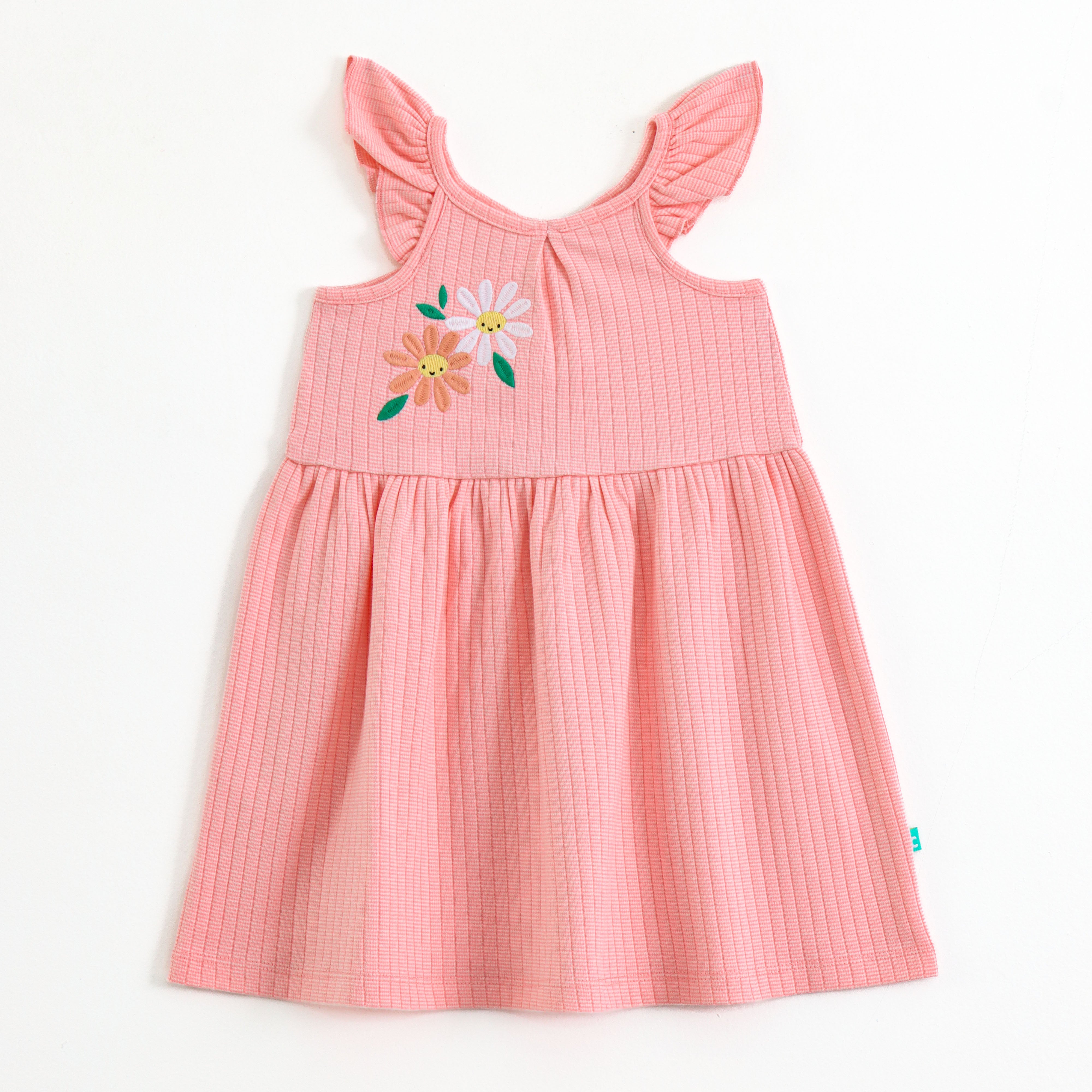 Baby Girls Ribbed Cotton Dress | Floral Embroidery | Ruffle Sleeves |   Juscubs