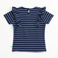 Baby Girls Navy Blue Striped Cotton Top with Ruffle Sleeves | Short Sleeve Casual Wear