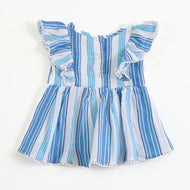 Infant Girls Blue & White Striped Cotton Dress with Frill Sleeves & Floral Lace Appliqué