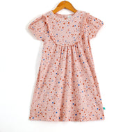 Girls Peach Star Print Ribbed Knit Dress with Ruffle Yoke