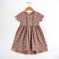 Girls Brown Heart Print Dress with Pom-Pom Lace Detail