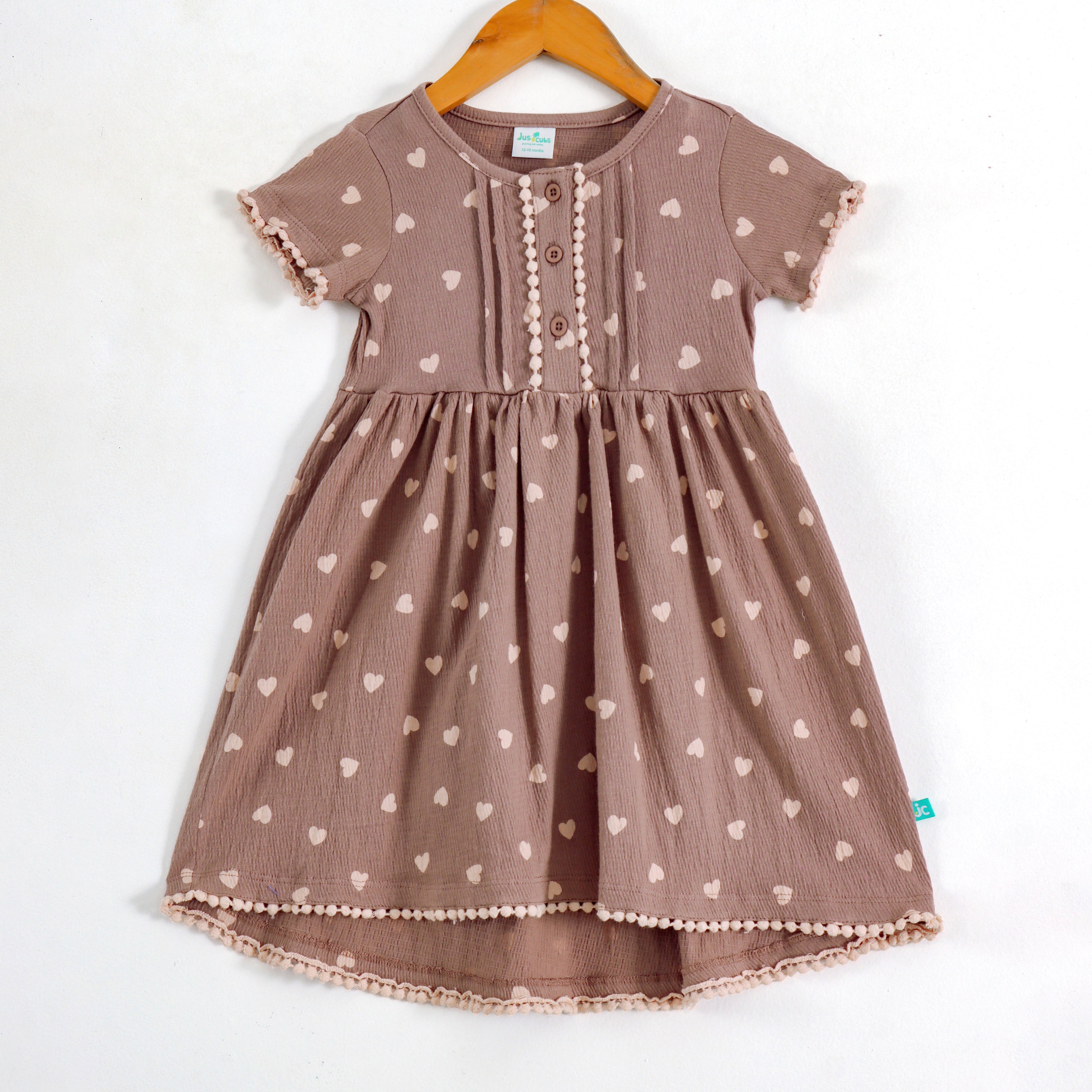 Girls Brown Heart Print Dress with Pom-Pom Lace Detail