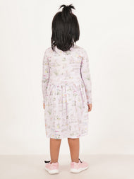 "Girls' Long Sleeve Pastel Purple Dress – Adorable Bunny & Garden Print Cotton Frock"