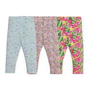 "Girls' Printed Cotton Leggings - Pack of 3 (Floral & Fruit Designs)"