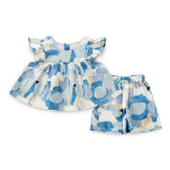 "Baby Girls Abstract Print Cotton Top & Shorts Set – Blue & White Co-ord"