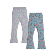"Girls' Floral Print Bell-Bottom Leggings - Pack of 2 (Light Blue & Teal Blue)"