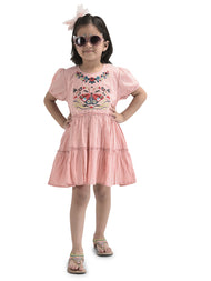 Girls Butterfly Emboridery Work & Schiffli Cotton Fit & Flare Dress - Pink-Peach& OffWhite