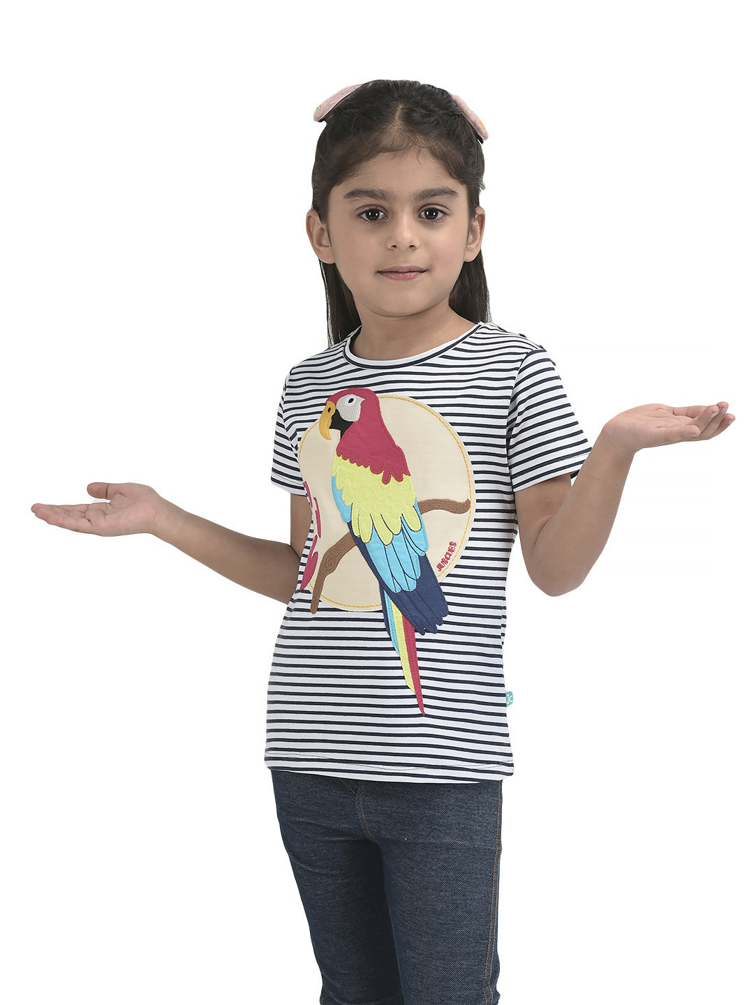 Girls Embroidery & Patch work Parrot Bio-Washed T-shirt - Pink & Navy