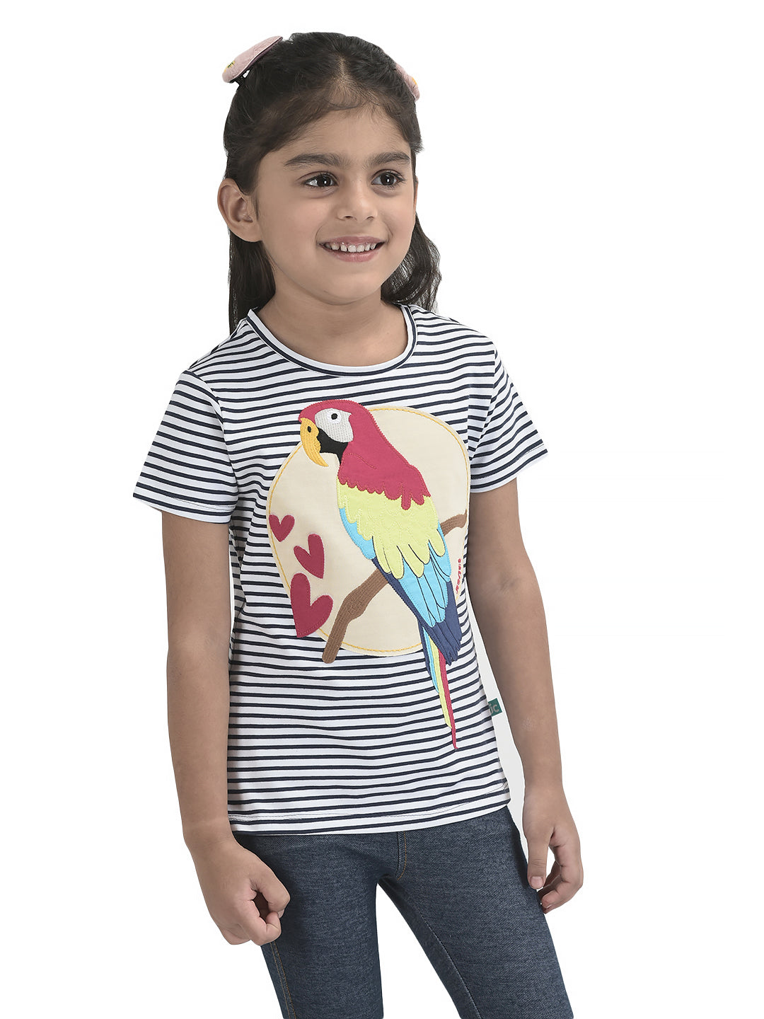 Girls Embroidery & Patch work Parrot Bio-Washed T-shirt - Pink & Navy