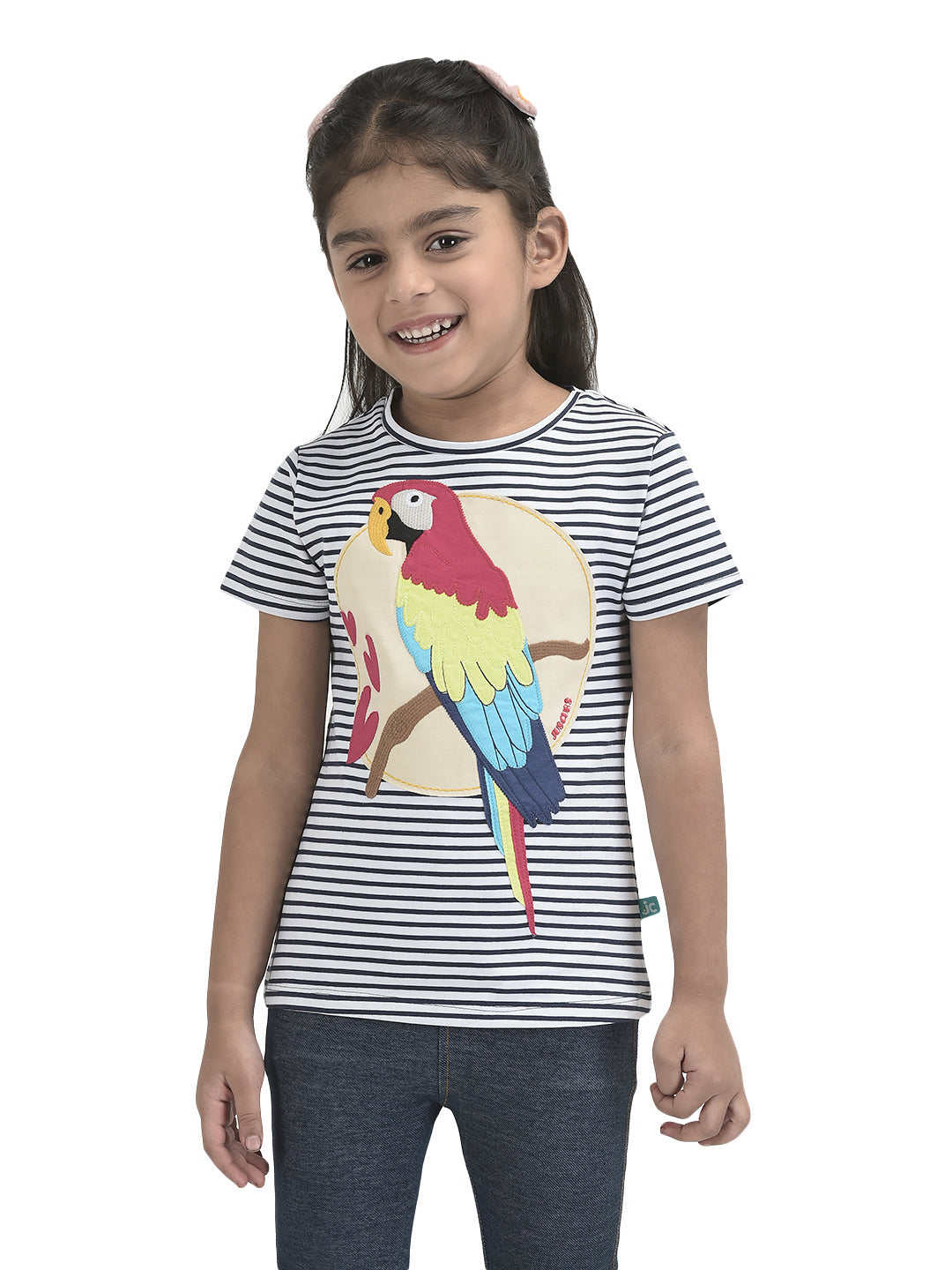 Girls Embroidery & Patch work Parrot Bio-Washed T-shirt - Pink & Navy