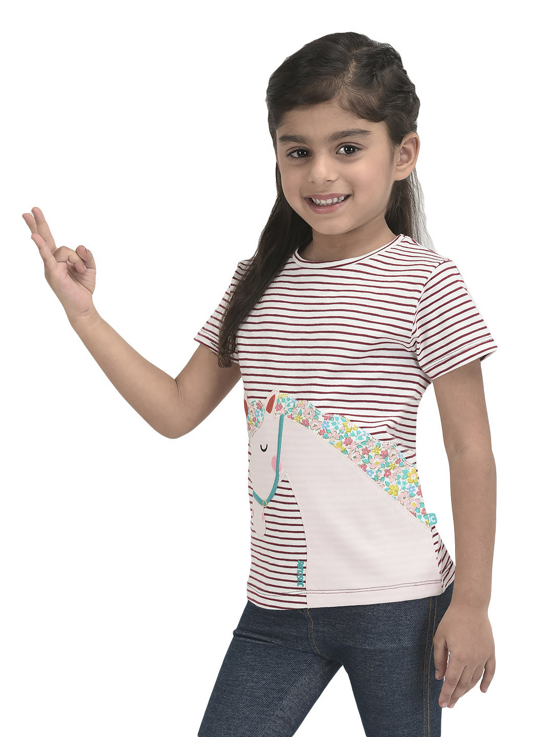 Girl Trendy Patch work Horse Bio-Washed T-shirt - Marron & Navy