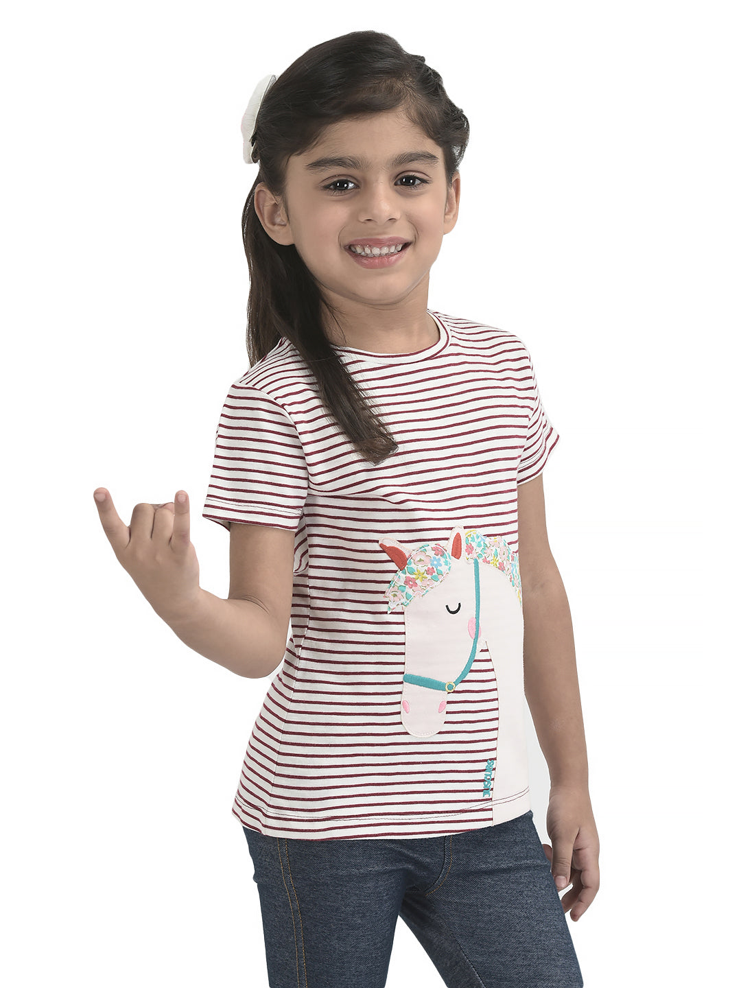 Girl Trendy Patch work Horse Bio-Washed T-shirt - Marron & Navy