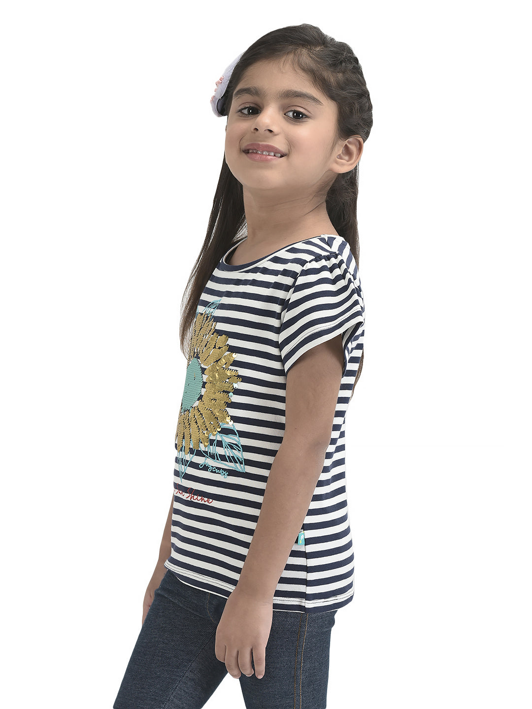 Girls Sequence Sunflower Work Half sleeve Bio-Washed T-Shirt - Pink & Blue